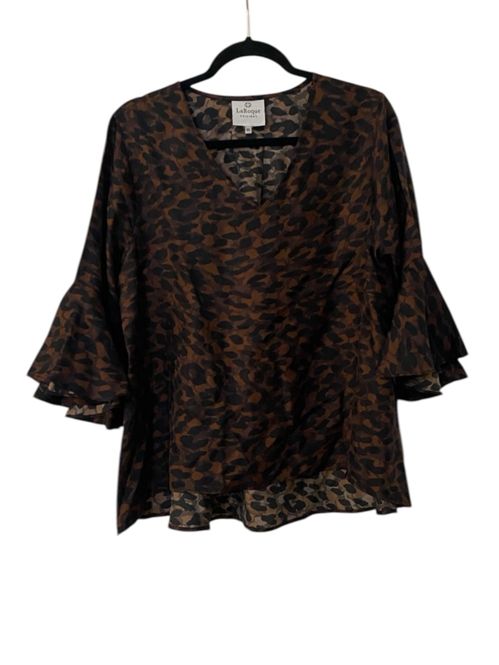 LaRogue Originals Brown Leopard Print V-Neck Bell Sleeve Silk Blouse one size